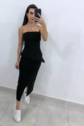 Conjunto Saia Midi com fenda frontal e Blusa Tomara que Caia