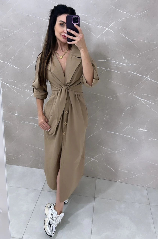 Vestido Chemise Midi Com Botões Frontais