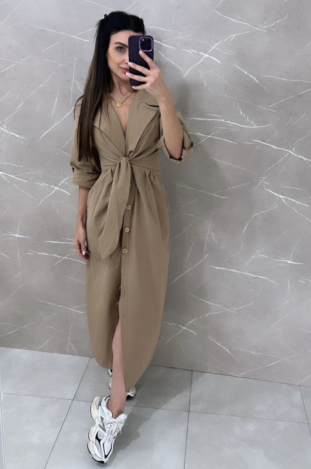 Vestido Chemise Midi Com Botões Frontais