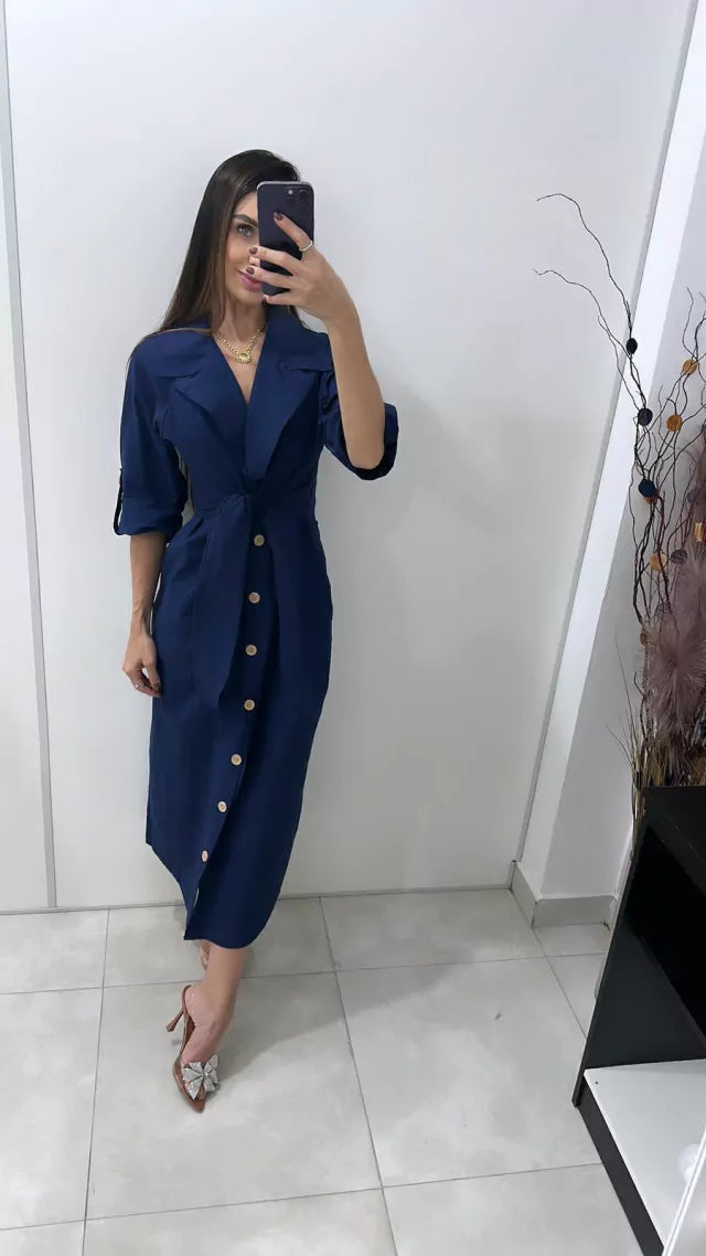 Vestido Chemise Midi Com Botões Frontais