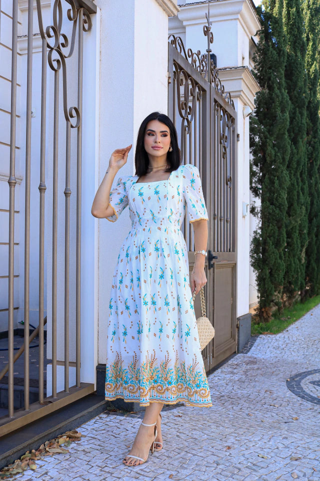 Vestido Midi Tecido Lese Bordado