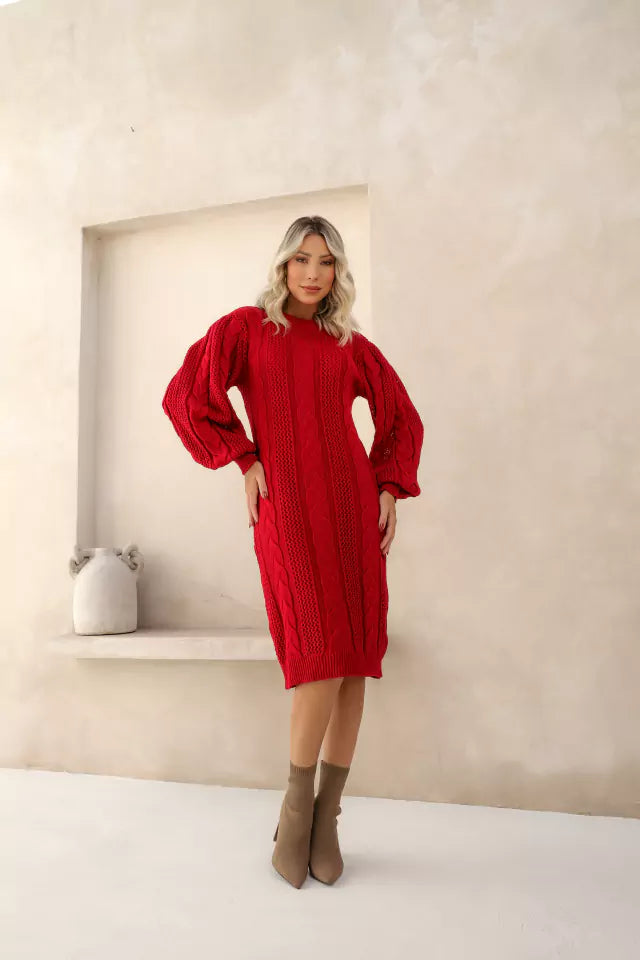 Vestido Midi Manga Longa Vermelho Tricot