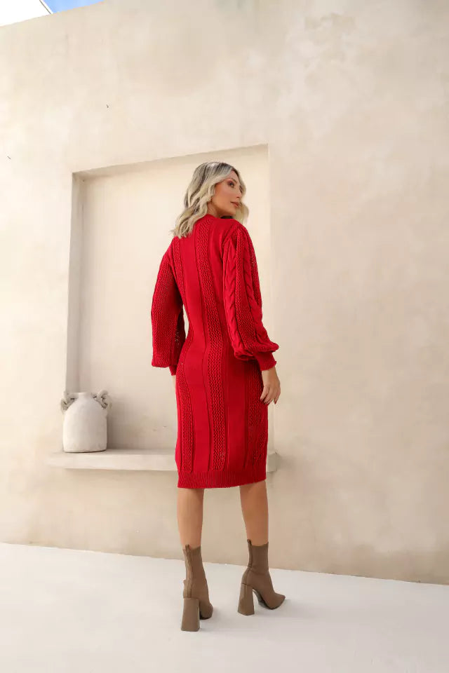 Vestido Midi Manga Longa Vermelho Tricot